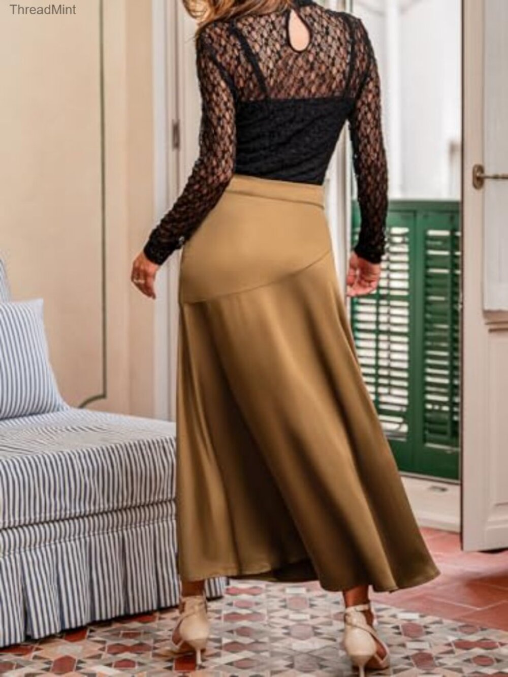 Satin Midi Skirt High Waisted A-Line Flowy Long Skirt Women - Picture 2 of 7